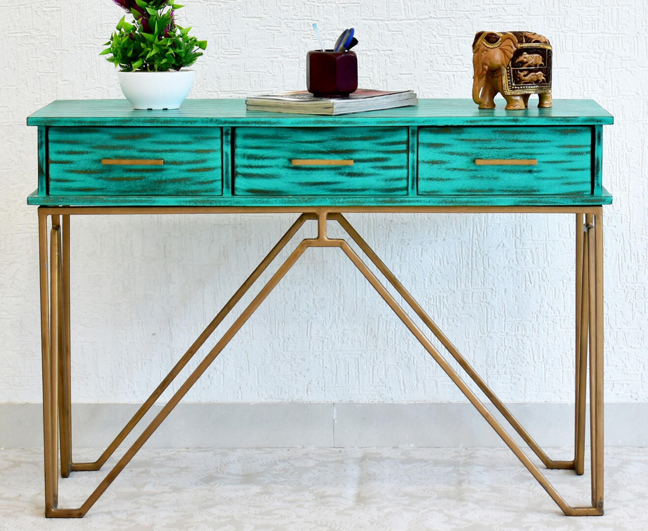 CASINO Console Hall green Table with Golden Finish